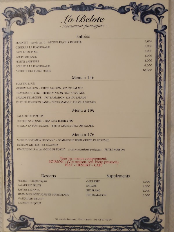 La Belote — menu