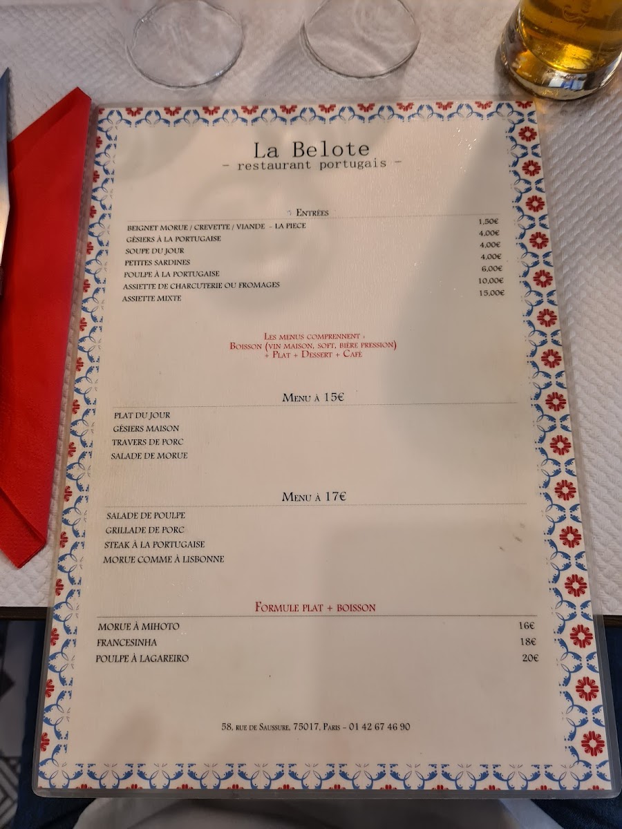 La Belote — menu