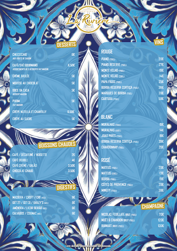 La Rivière — menu