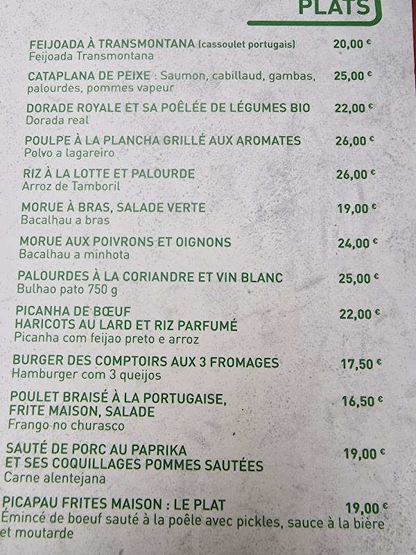 Les comptoirs de Lisbonne — menu