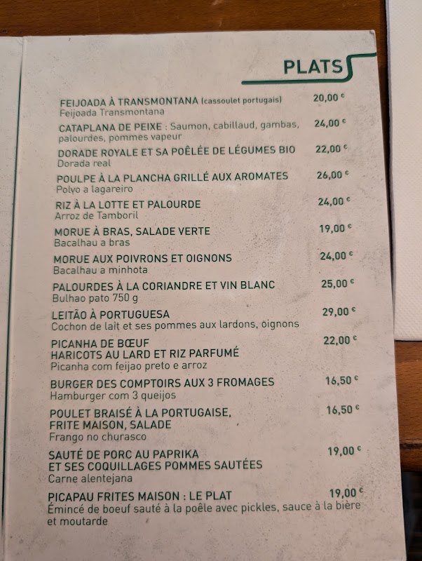 Les comptoirs de Lisbonne — menu
