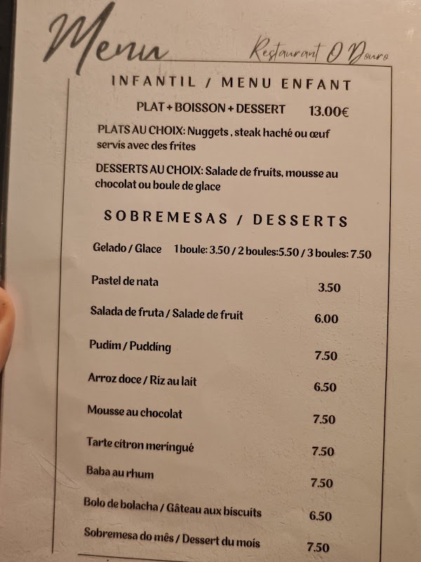 Restaurant O Douro Paris — menu