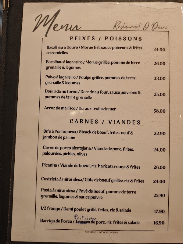 Restaurant O Douro Paris — menu