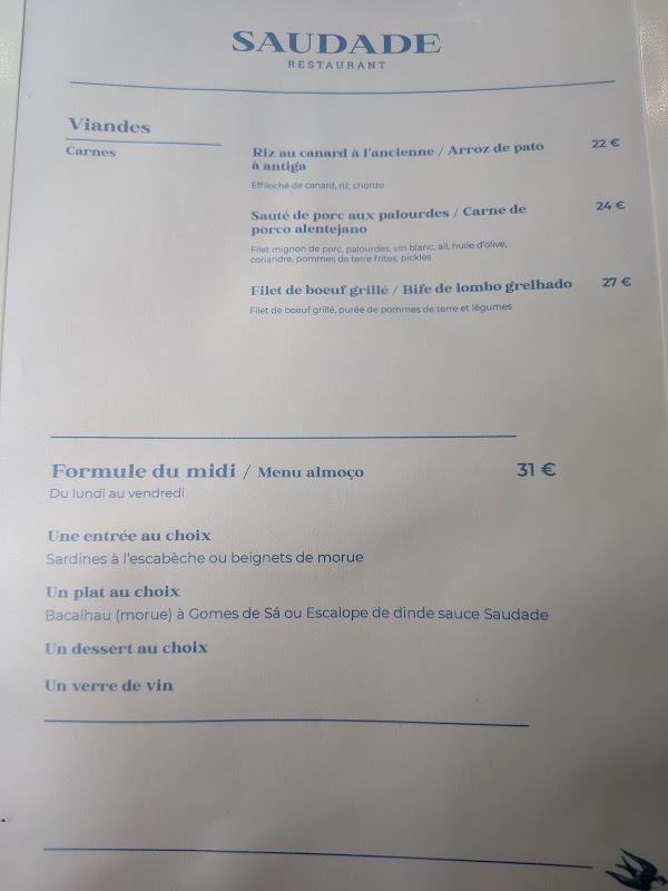 Restaurant Saudade — menu