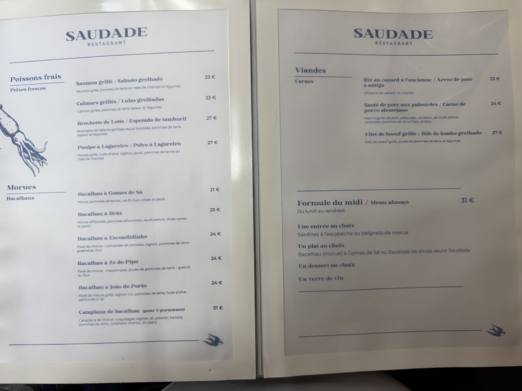 Restaurant Saudade — menu